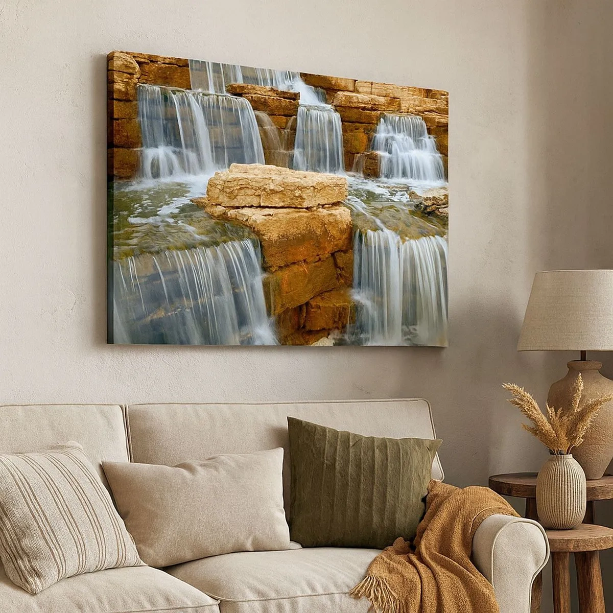 Quadro em tela - Uma cachoeira descendo degraus de pedra - 70x50cm - Escadas para o céu - Decoração de parede moderna para a sala de estar e quarto ARTTOR