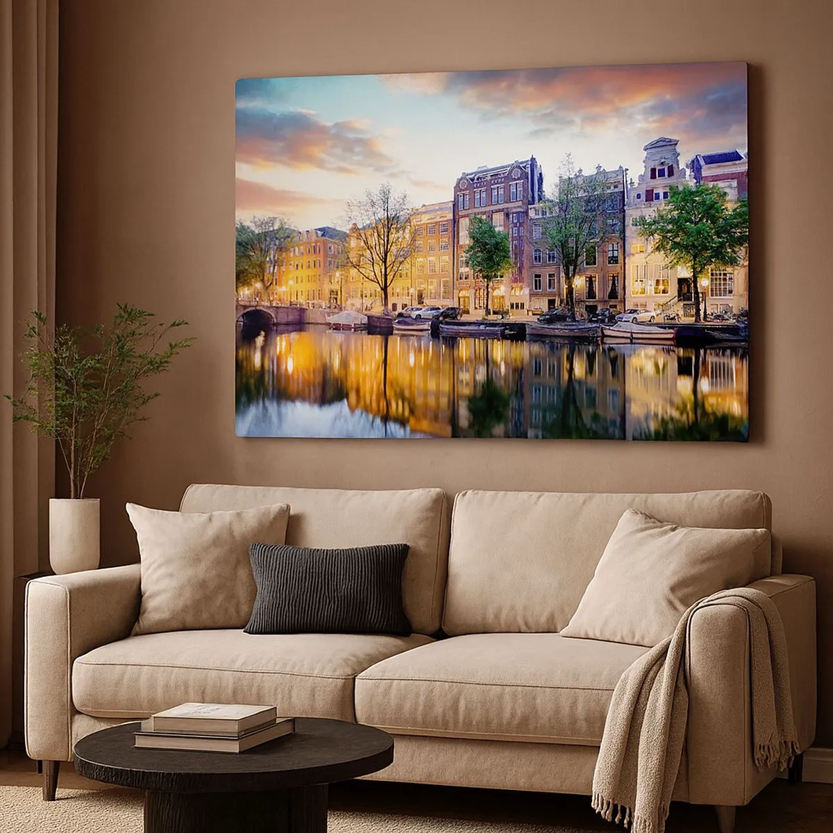 Quadro em tela - Canal com reflexo de casas de cortiços na luz do entardecer - 70x50cm - Beleza holandesa contida e calma - Decoração de parede moderna para a sala de estar e quarto ARTTOR
