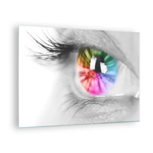 Quadro em vidro - Íris colorida em um fundo preto e branco - 70x50cm - Olhar para o mundo a cores - Decoração de parede moderna para a sala de estar e quarto ARTTOR