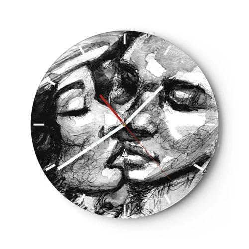 Relógio de parede - Relógio em vidro - Desenho em preto e branco de um casal se beijando - 30x30cm - Um momento de ternura - Decoração de parede moderna para a sala de estar, cozinha e quarto ARTTOR