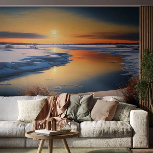 Papel de Parede Standard Eco - Um rio coberto de neve sob o brilho do pôr do sol de inverno - 100x70cm - Pôr do sol de inverno - Decoração de parede moderna para a sala de estar e quarto ARTTOR