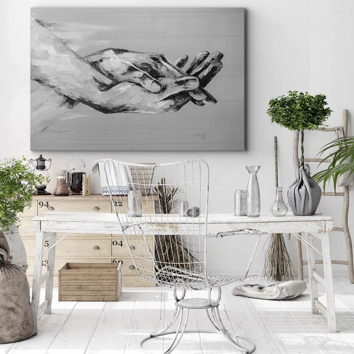 Quadro em tela - Uma composição em preto e branco de duas mãos entrelaçadas sobre um fundo claro. - 70x50cm - Início... - Decoração de parede moderna para a sala de estar e quarto ARTTOR