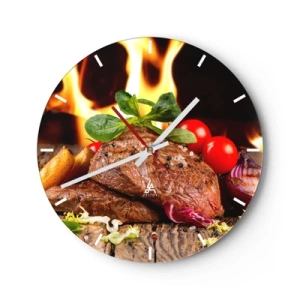 Relógio de parede - Relógio em vidro - Bife com legumes na brasa - 30x30cm - Feito com brasas - Decoração de parede moderna para a sala de estar, cozinha e quarto ARTTOR