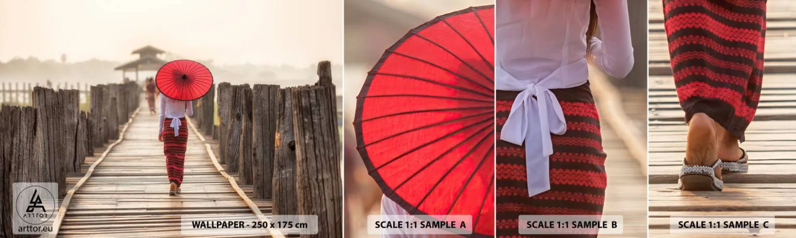 Amostra de papel de parede autocolante Deluxe Sticker - Na ponte velha - Guarda-chuva, Birmânia, Ponte de madeira - 100x30 cm