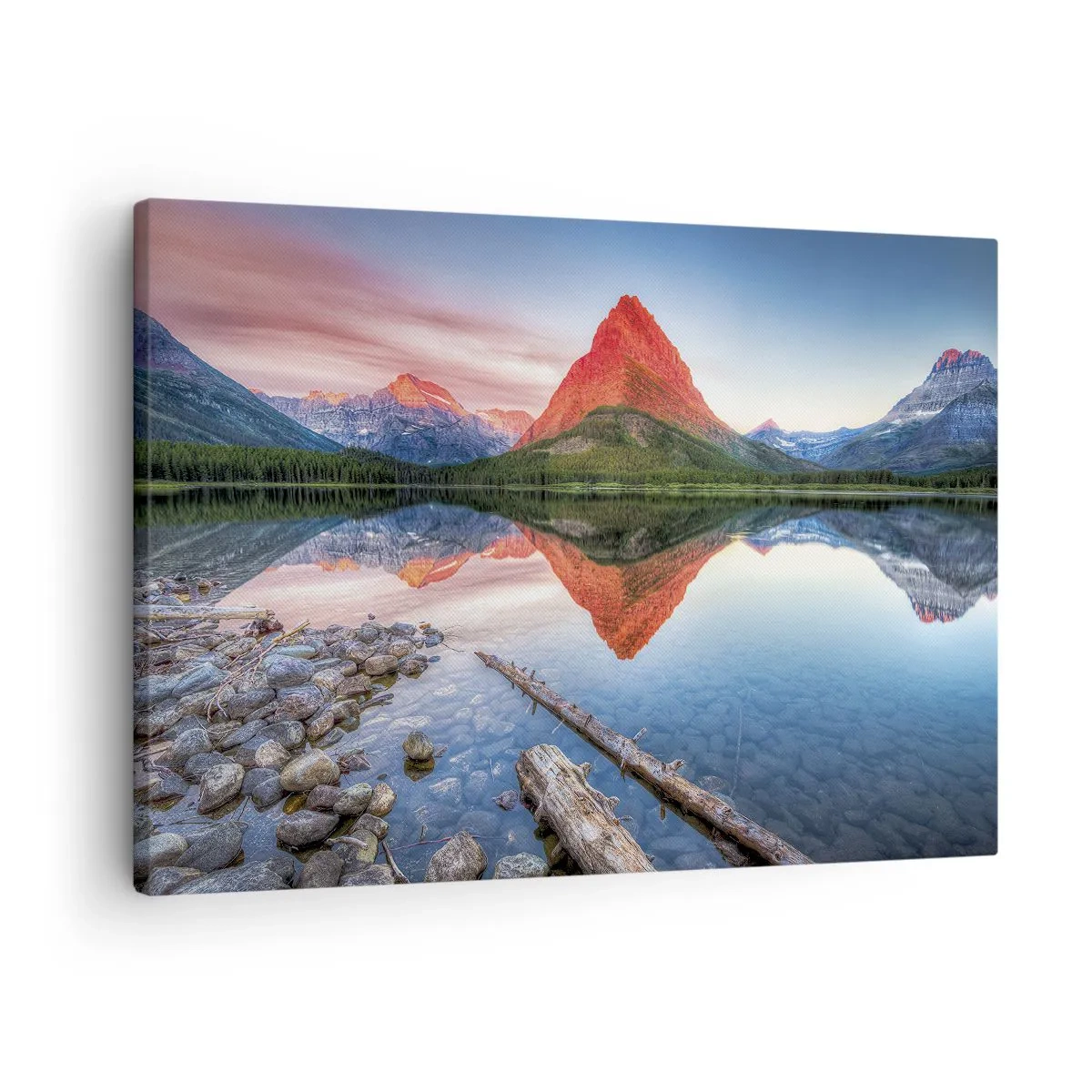 Quadro em tela - Uma montanha refletida em um lago ao pôr do sol - 70x50cm - Calor e frio - Decoração de parede moderna para a sala de estar e quarto ARTTOR