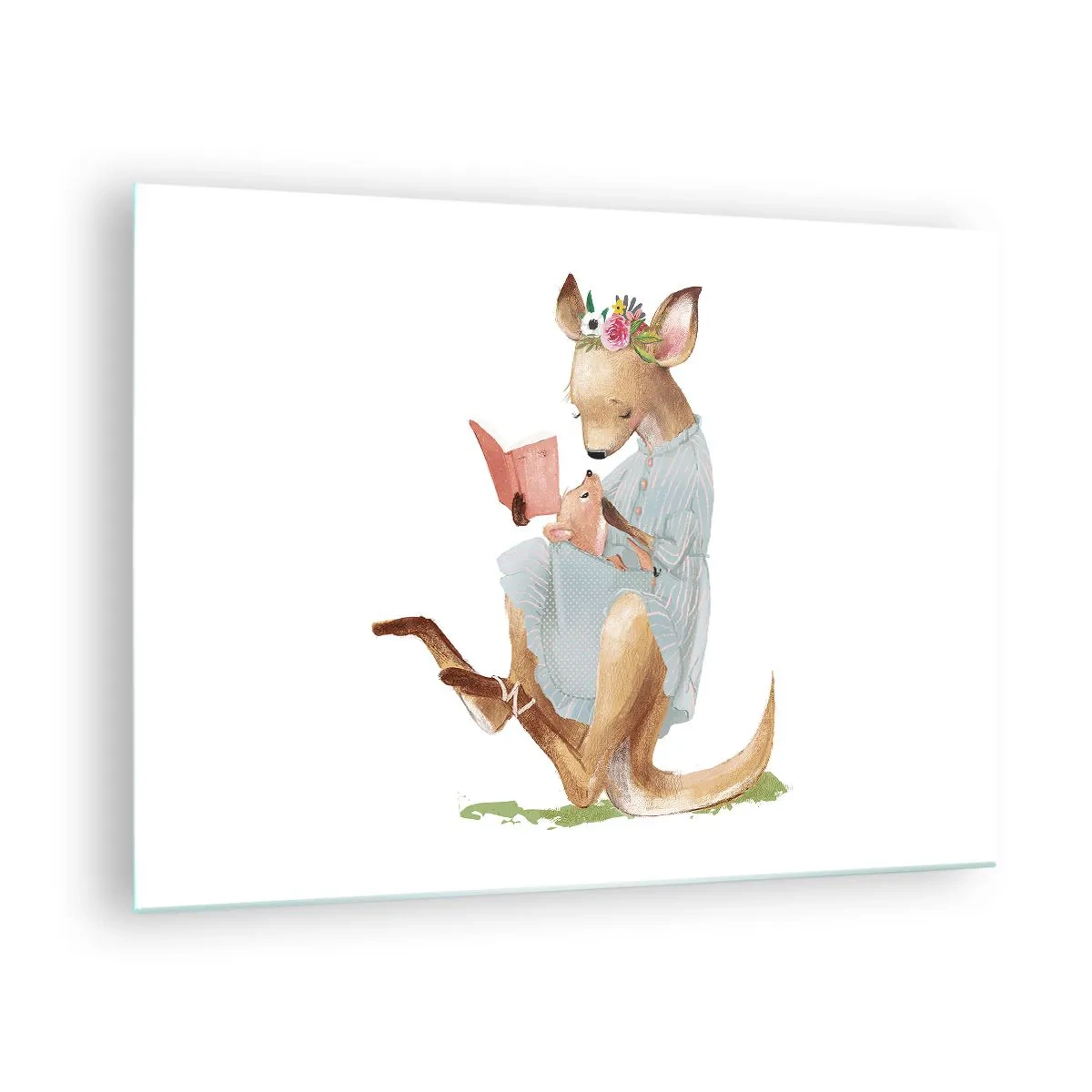 Quadro em vidro - Uma mãe canguru lendo um livro para um bebê canguru - 70x50cm - Leia para mim, mamãe - Decoração de parede moderna para a sala de estar e quarto ARTTOR