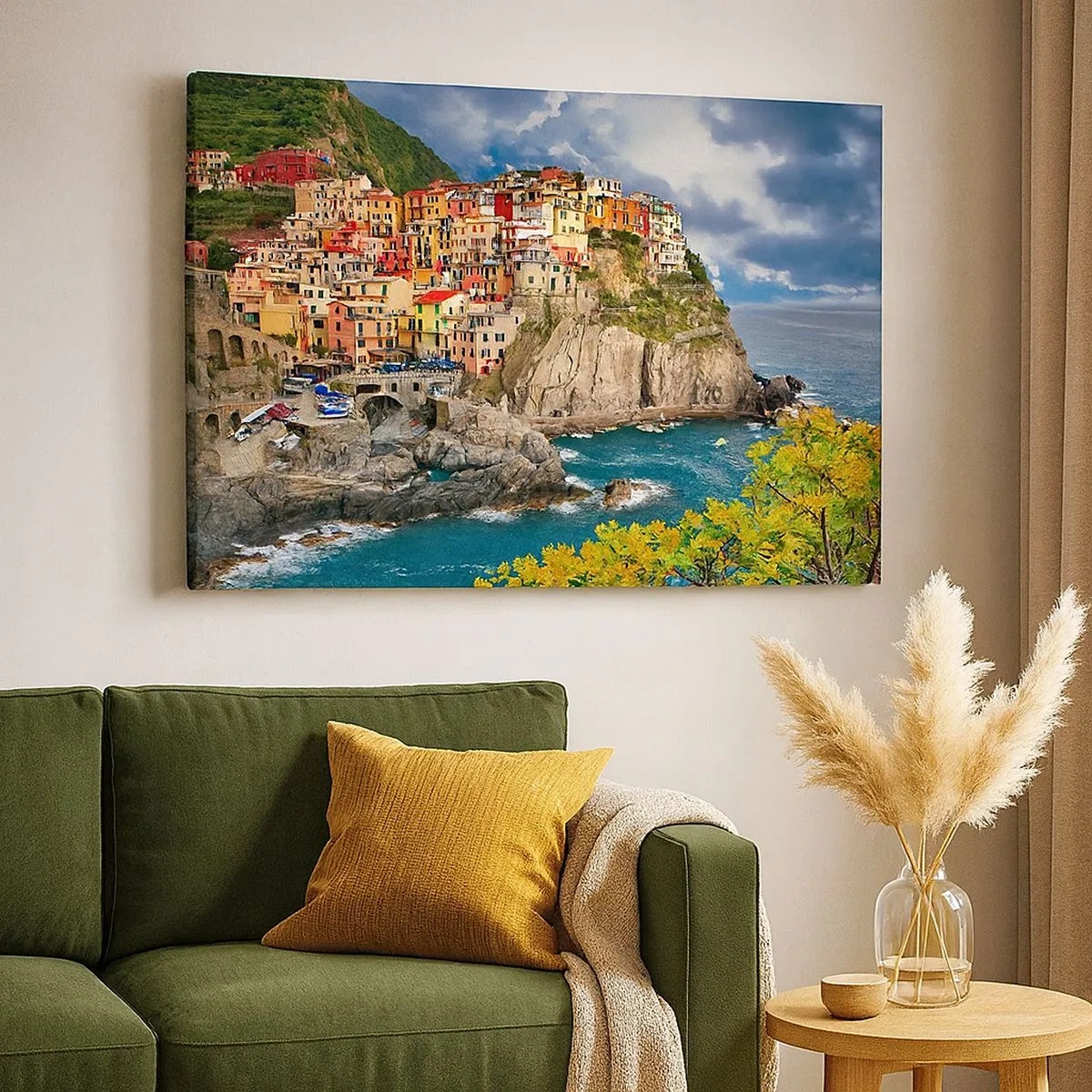 Quadro em tela - Casas coloridas em um penhasco com vista para o mar em Cinque Terre - 70x50cm - Um aglomerado nas rochas - Decoração de parede moderna para a sala de estar e quarto ARTTOR