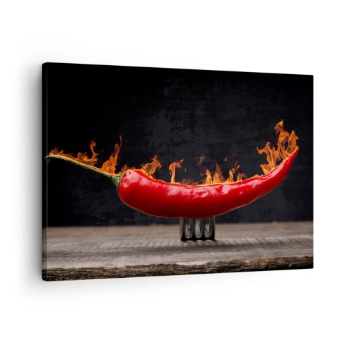 Quadro em tela - Pimentão vermelho flamejante em um garfo - 70x50cm - Aperitivo de fogo - Decoração de parede moderna para a sala de estar e quarto ARTTOR