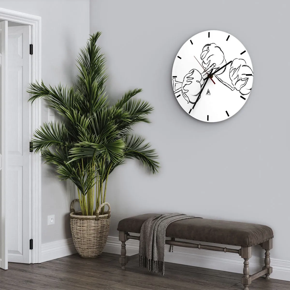 Relógio de parede - Relógio em vidro - Esboço em preto e branco de um galho de algodão em um fundo branco - 30x30cm - Algodão para baixo - Decoração de parede moderna para a sala de estar, cozinha e quarto ARTTOR