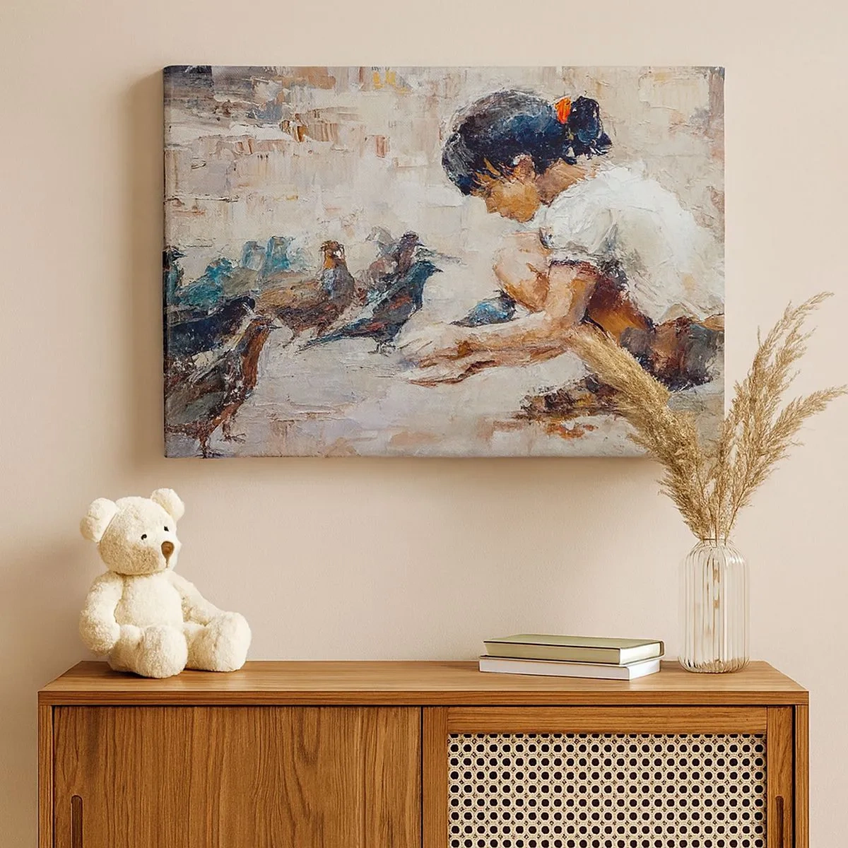 Quadro em tela - Uma menina alimentando pássaros em um estilo pictórico - 70x50cm - Pequenos e queridos - Decoração de parede moderna para a sala de estar e quarto ARTTOR