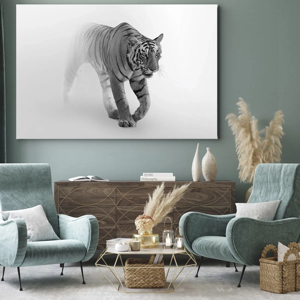 Quadro em tela - Um tigre emergindo da neblina - 70x50cm - À espreita na névoa - Decoração de parede moderna para a sala de estar e quarto ARTTOR