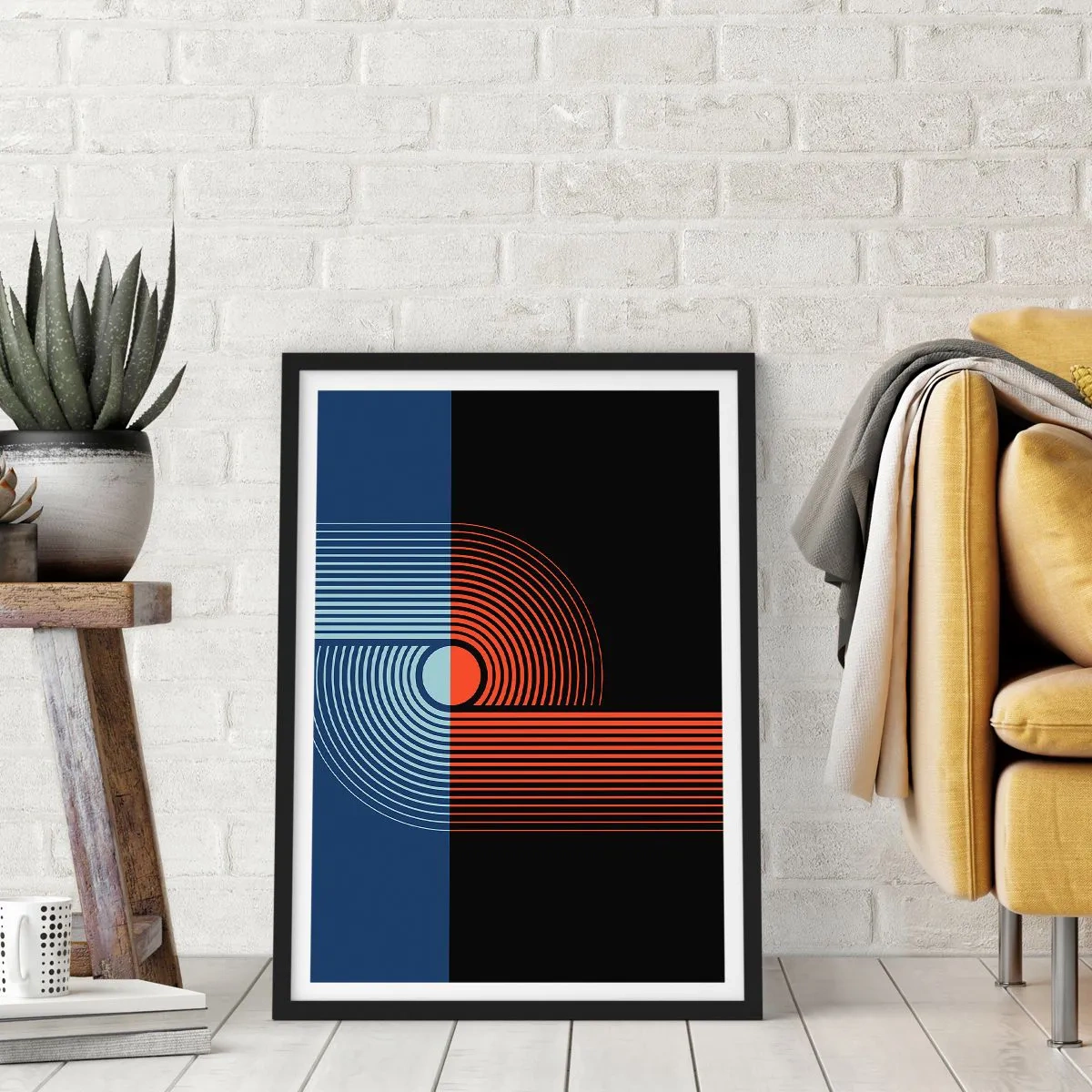 Pôster com moldura preta - Composição geométrica com linhas em azul marinho e laranja. - 50x70cm - Num abraço geométrico - Decoração de parede moderna para a sala de estar e quarto ARTTOR