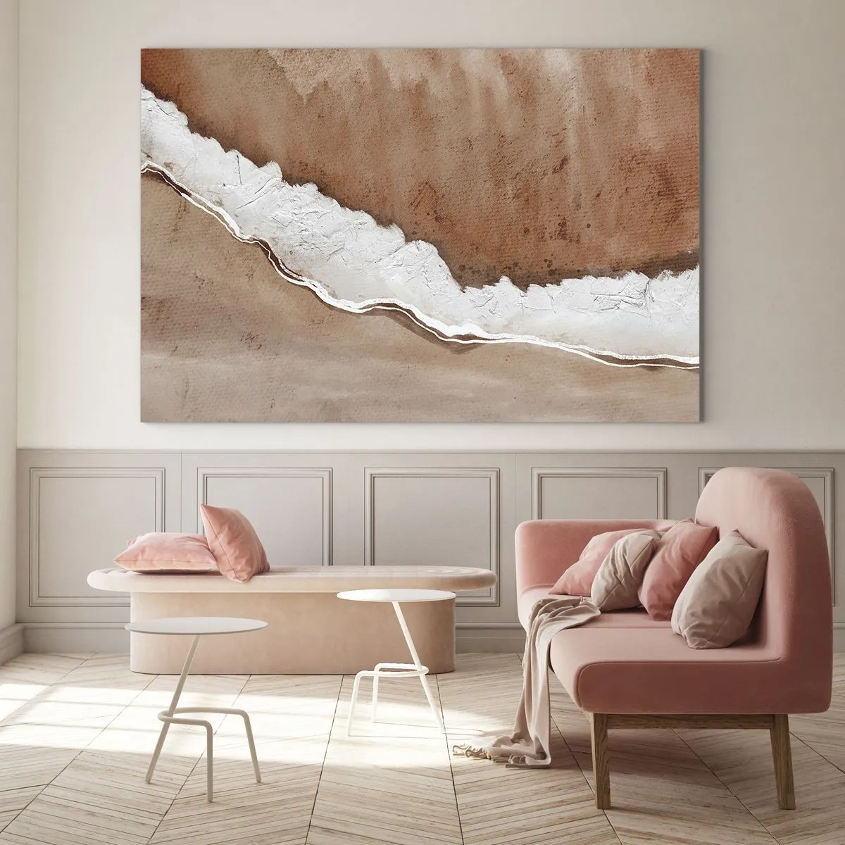 Quadro em vidro - Estrutura artística em tons de terra e branco - 70x50cm - Nas cores da terra - Decoração de parede moderna para a sala de estar e quarto ARTTOR