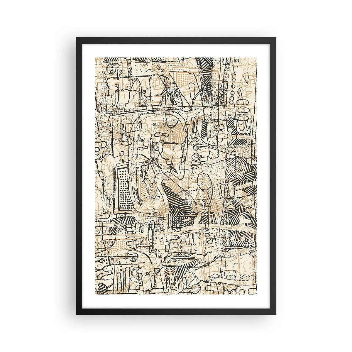 Pôster com moldura preta - Padrão geométrico abstrato em tons de bege e preto - 50x70cm - À espera de ser decifrado - Decoração de parede moderna para a sala de estar e quarto ARTTOR