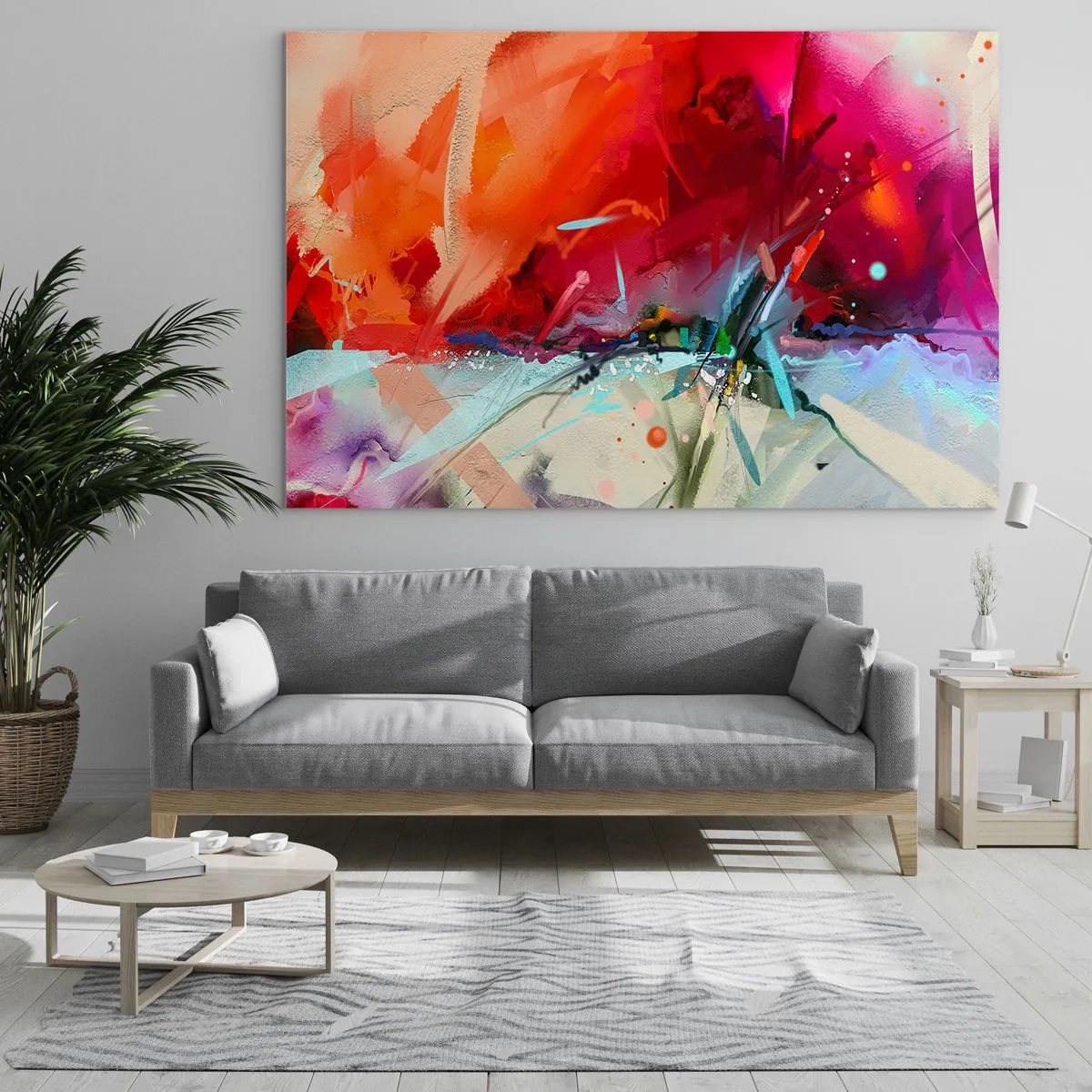 Quadro em vidro - Uma explosão abstrata de cores e luzes em uma composição dinâmica. - 70x50cm - Explosão de luzes e cores - Decoração de parede moderna para a sala de estar e quarto ARTTOR