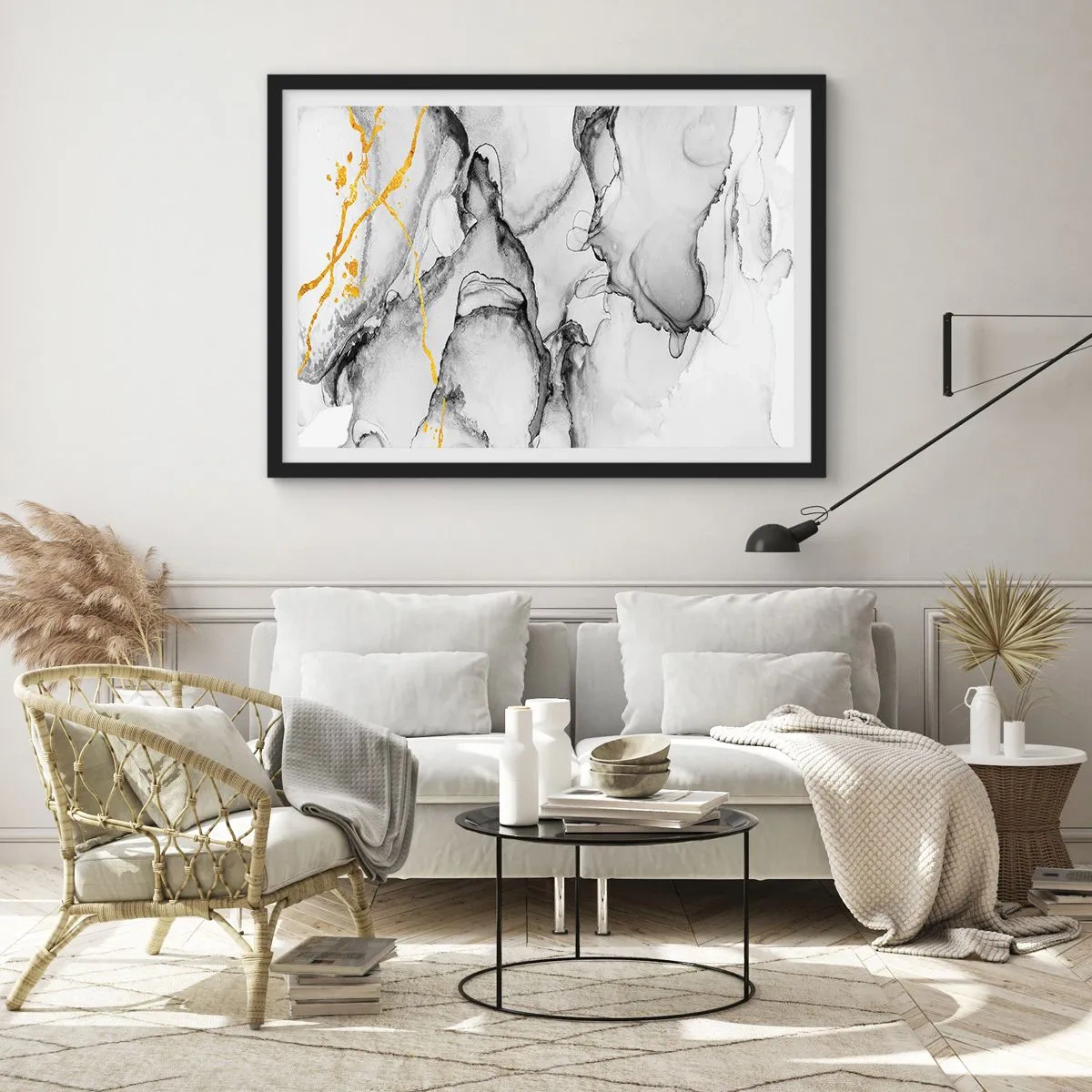 Pôster com moldura preta - Composição dourada - 70x50 cm
