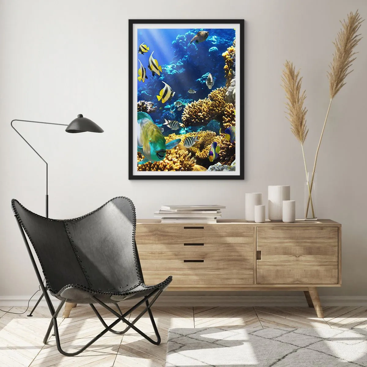 Pôster com moldura preta - Um mundo subaquático com peixes coloridos e um recife de coral - 50x70cm - Tráfego intenso no percurso de férias - Decoração de parede moderna para a sala de estar e quarto ARTTOR