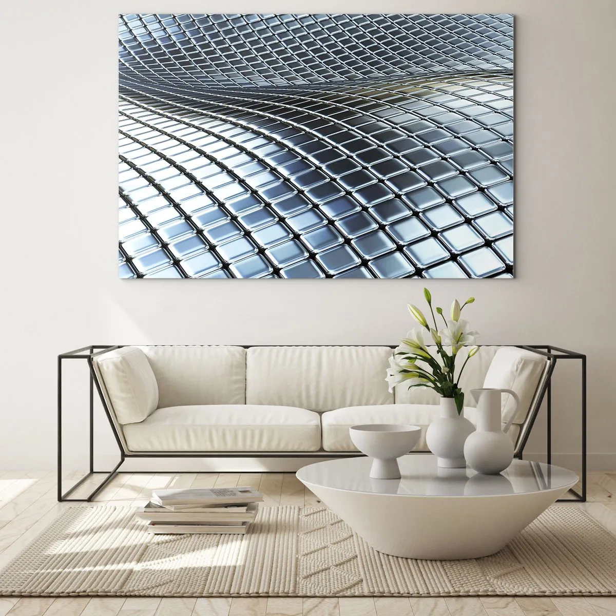 Quadro em vidro - Superfície abstrata com quadrados de metal brilhantes - 70x50cm - Onda de prata metálica - Decoração de parede moderna para a sala de estar e quarto ARTTOR