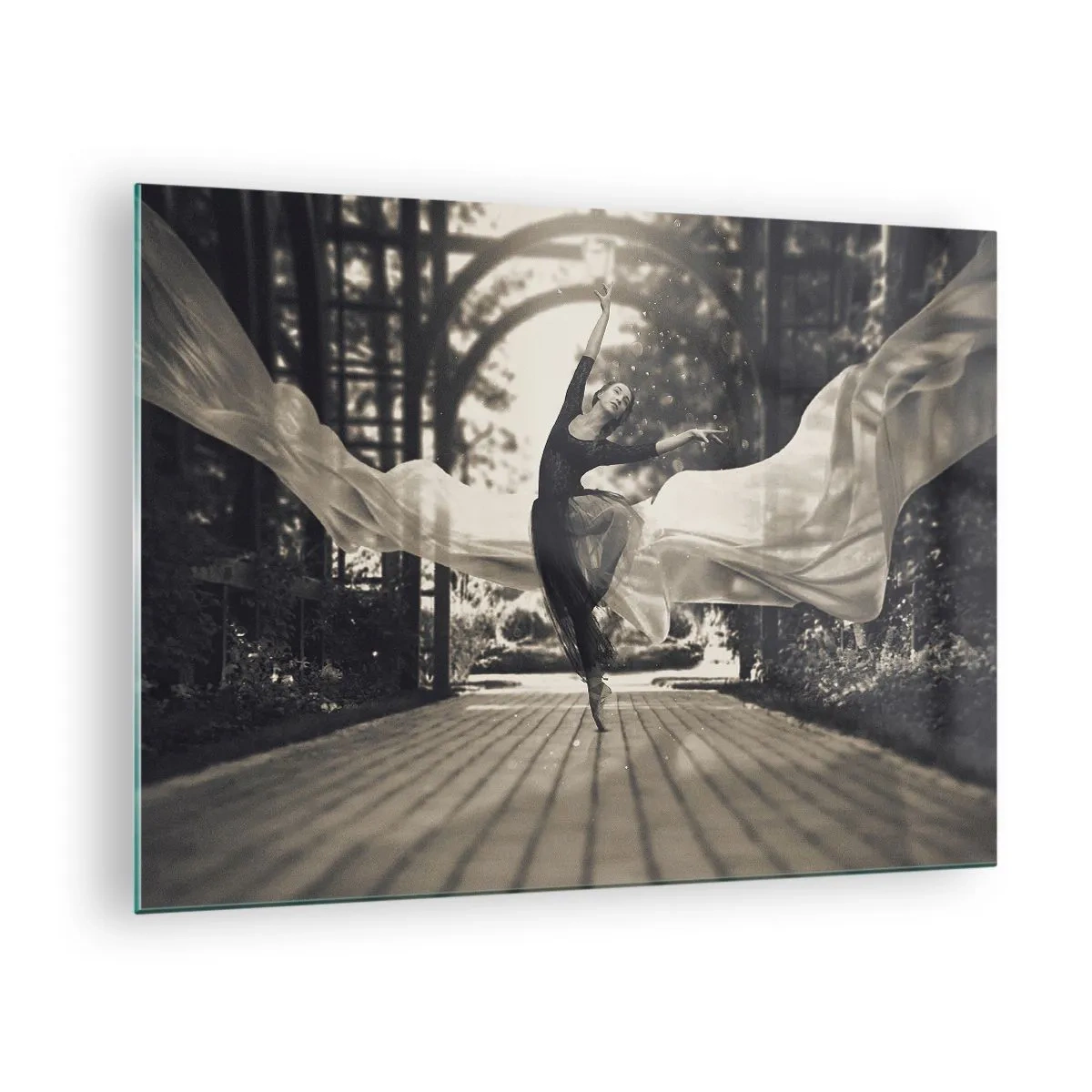 Quadro em vidro - Uma dançarina em movimento contra um fundo de jardim em preto e branco. - 70x50cm - A dança do espírito do jardim - Decoração de parede moderna para a sala de estar e quarto ARTTOR