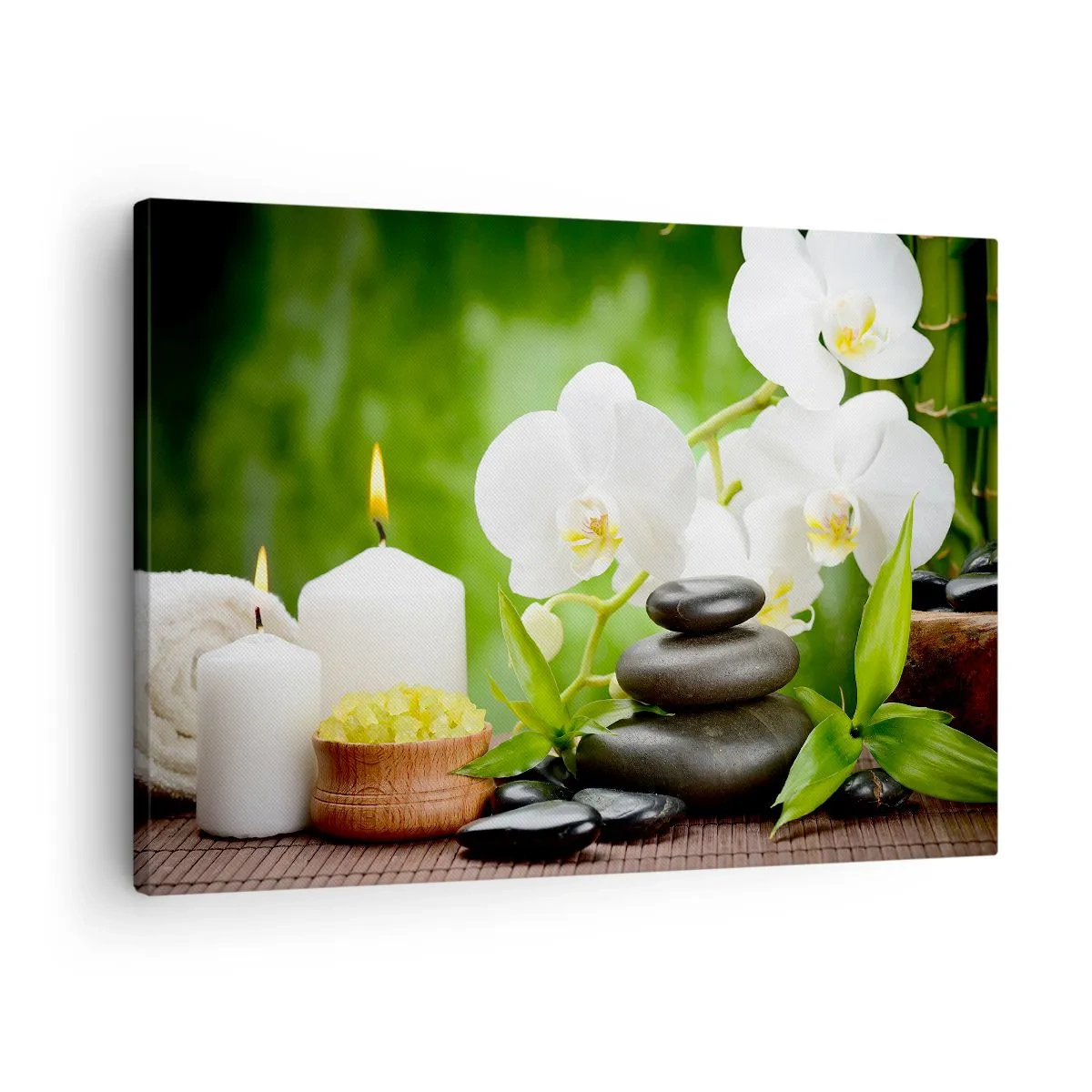 Quadro em tela - Orquídeas, velas e pedras cercadas pela natureza - 70x50cm - Um toque perfumado, floral e suave - Decoração de parede moderna para a sala de estar e quarto ARTTOR