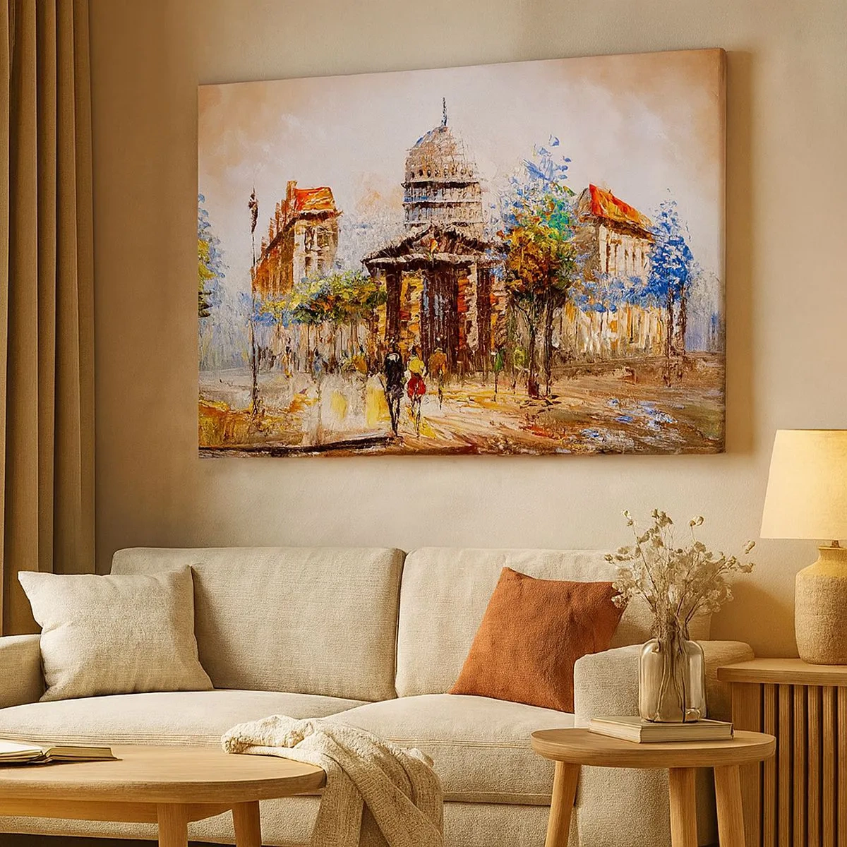 Quadro em tela - Cena urbana impressionista com um edifício histórico - 70x50cm - Passeio por Paris - Decoração de parede moderna para a sala de estar e quarto ARTTOR