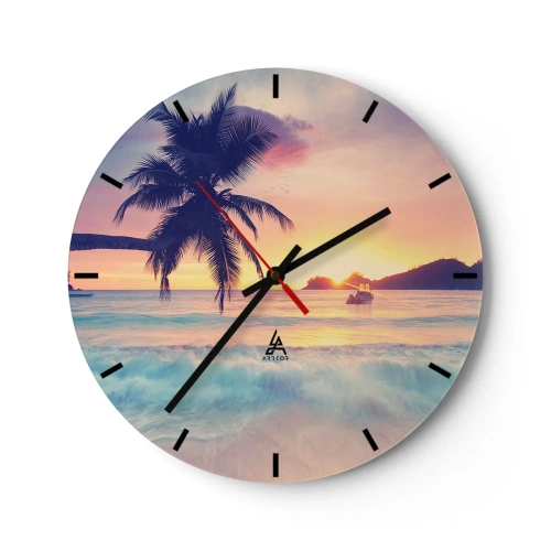 Relógio de parede - Relógio em vidro - Praia tropical com palmeiras ao pôr do sol - 30x30cm - Noite na baía - Decoração de parede moderna para a sala de estar, cozinha e quarto ARTTOR