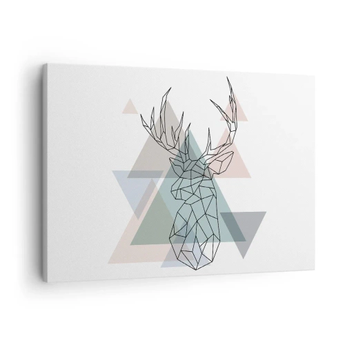 Quadro em tela - Veado geométrico em um fundo de triângulos pastéis - 70x50cm - Numa floresta geométrica - Decoração de parede moderna para a sala de estar e quarto ARTTOR