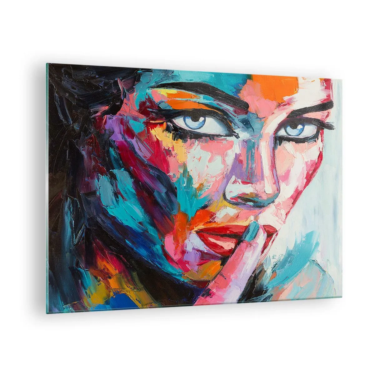 Quadro em vidro - Retrato colorido de uma mulher em estilo abstrato - 70x50cm - O nosso primeiro segredo - Decoração de parede moderna para a sala de estar e quarto ARTTOR
