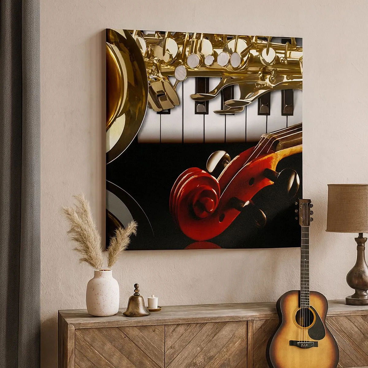 Quadro em tela - Metal, madeira e marfim - 30x30 cm