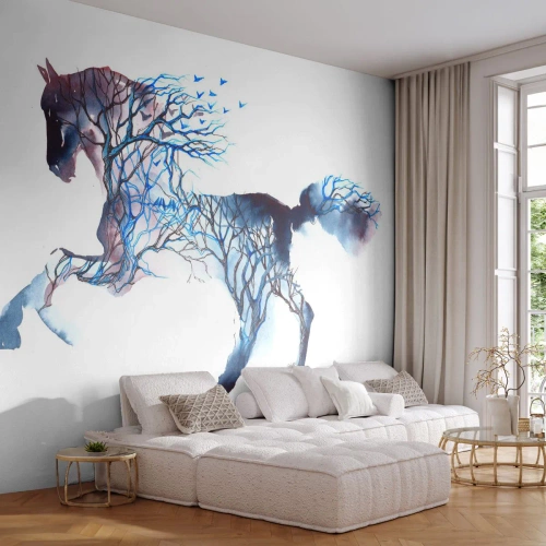 Papel de Parede Standard Eco - Um cavalo feito de galhos de árvores em uma aquarela artística - 100x70cm - Como se a floresta tivesse se movido - Decoração de parede moderna para a sala de estar e quarto ARTTOR