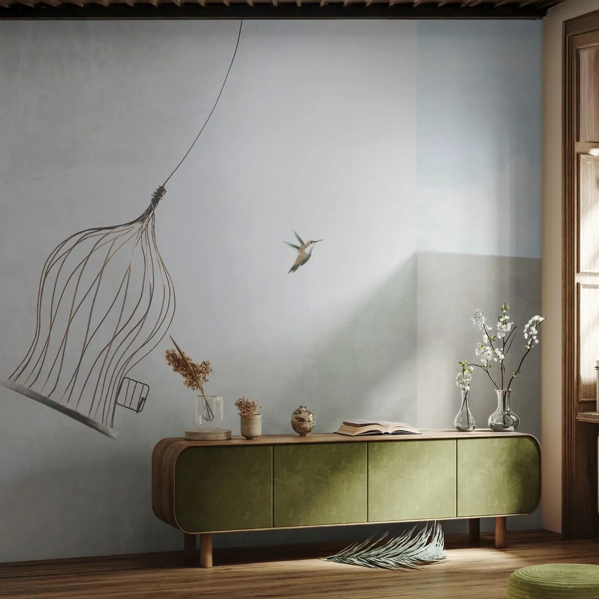 Papel de Parede Standard Eco - Um beija-flor em voo com uma gaiola aberta contra o céu - 100x70cm - Enfim a liberdade - Decoração de parede moderna para a sala de estar e quarto ARTTOR