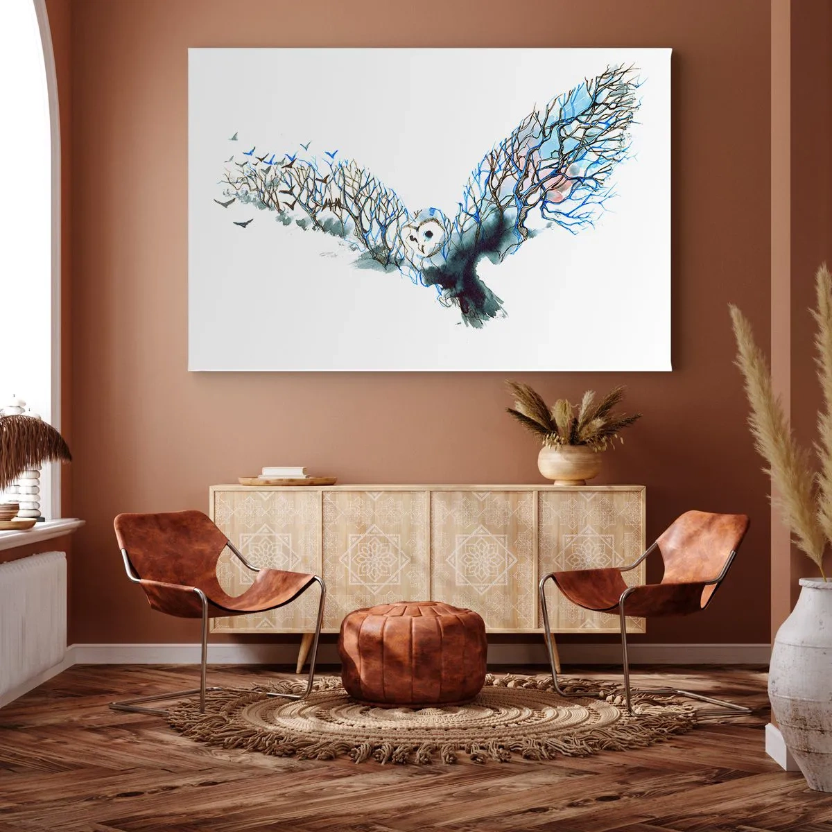 Quadro em tela - Gráfico artístico de uma coruja com asas abertas - 70x50cm - Nas asas da floresta - Decoração de parede moderna para a sala de estar e quarto ARTTOR