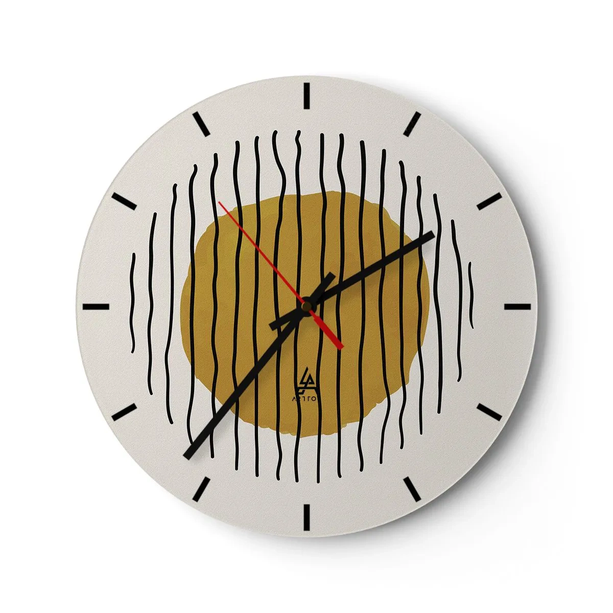 Relógio de parede - Relógio em vidro - Um círculo amarelo-alaranjado cercado por linhas pretas onduladas - 30x30cm - Abstração a tremer com o calor - Decoração de parede moderna para a sala de estar, cozinha e quarto ARTTOR