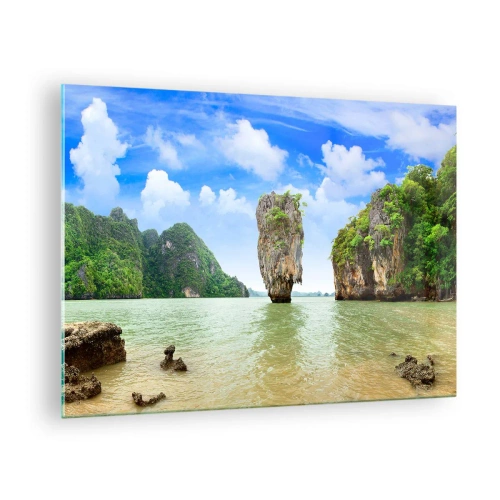 Quadro em vidro - Uma rocha na água cercada por ilhas tropicais - 70x50cm - Maravilhas rochosas da natureza - Decoração de parede moderna para a sala de estar e quarto ARTTOR
