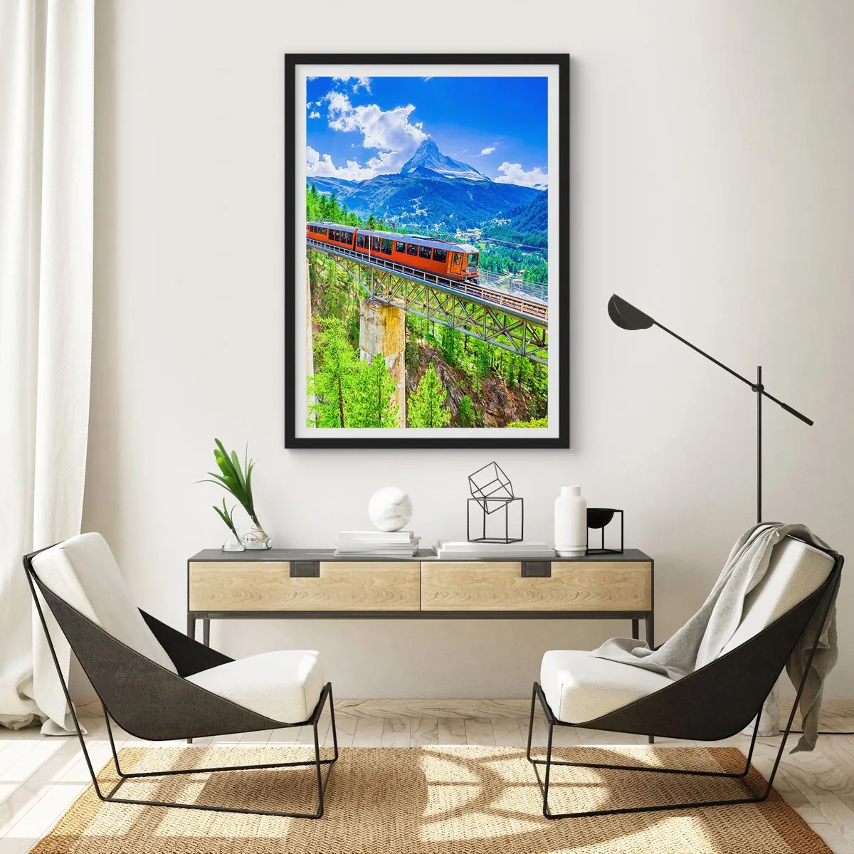 Pôster com moldura preta - Um trem em uma ponte nos Alpes com vista para o Matterhorn - 50x70cm - Hora dos Alpes - Decoração de parede moderna para a sala de estar e quarto ARTTOR