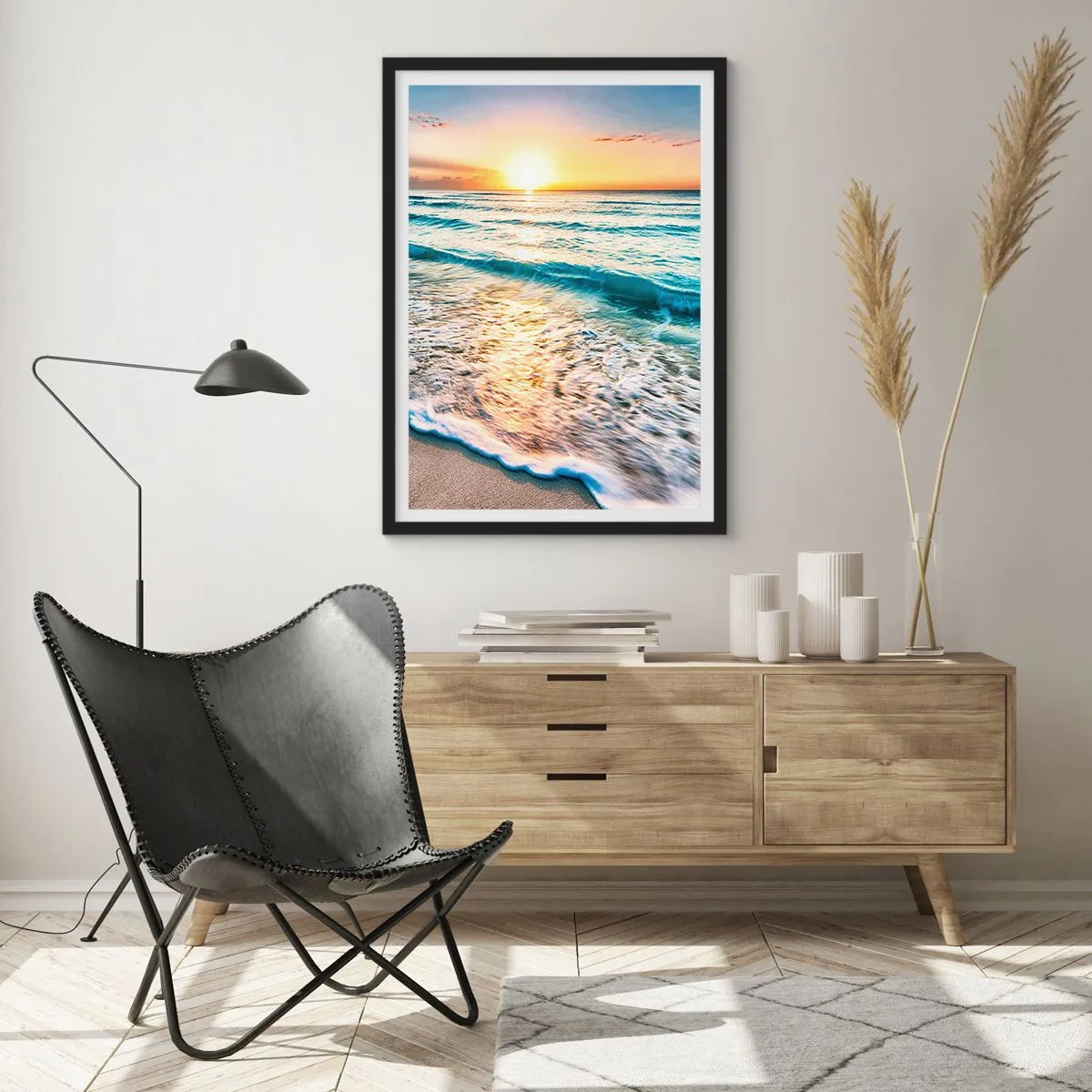 Pôster com moldura preta - Pôr do sol sobre um mar calmo com ondas - 50x70cm - Uma visão que vale a pena - Decoração de parede moderna para a sala de estar e quarto ARTTOR