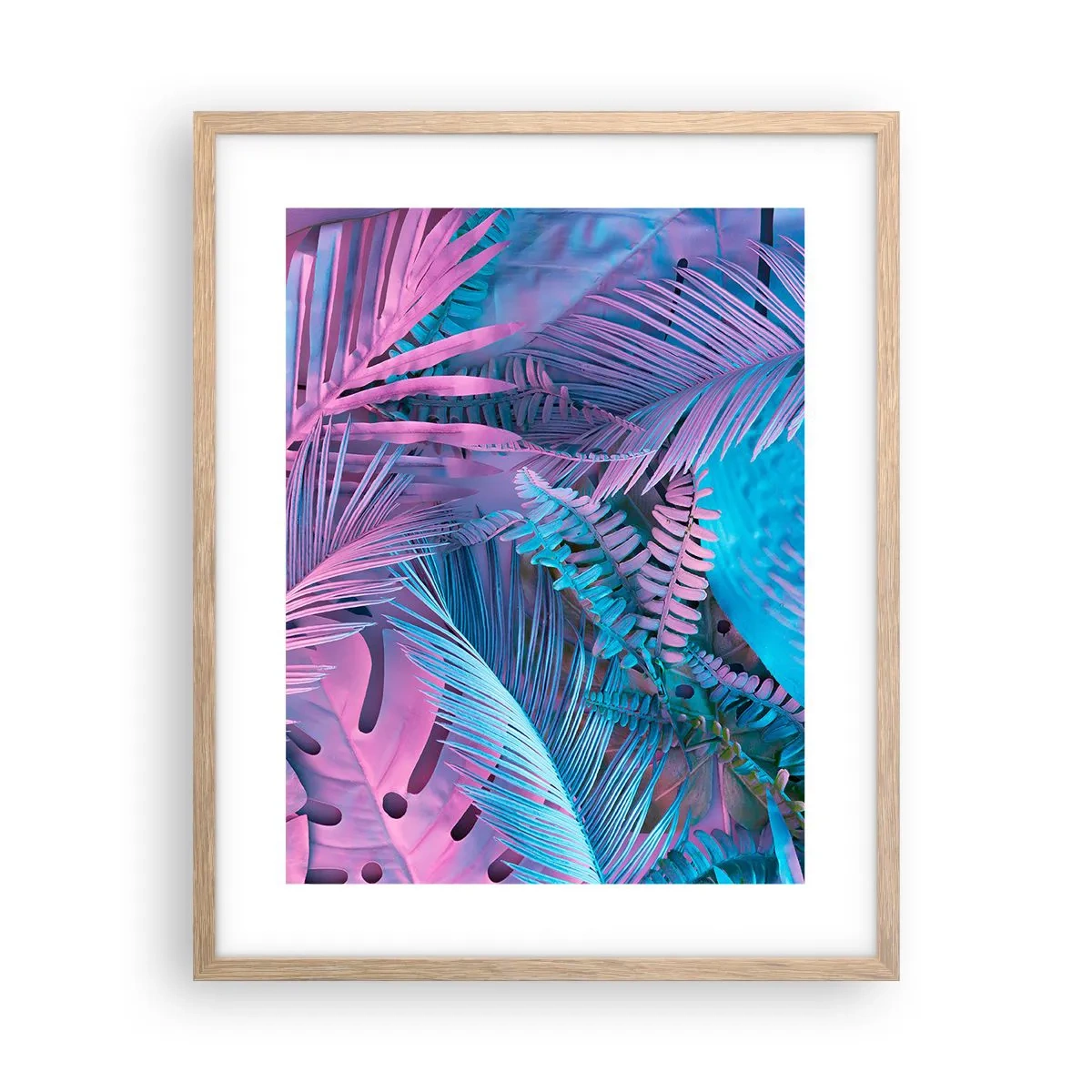 Pôster com moldura de carvalho claro - Trópicos em rosa e azul - 40x50 cm
