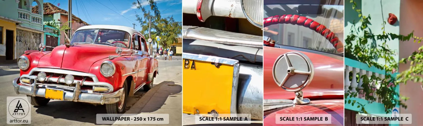Amostra de papel de parede autocolante Deluxe Sticker - Apenas em Cuba - Automotivo, Carro antigo, Arquitetura - 100x30 cm