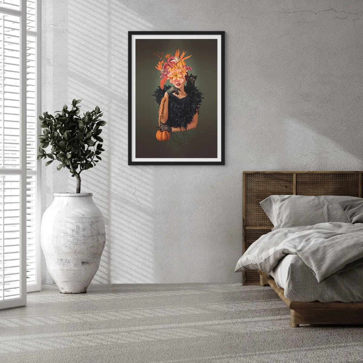 Pôster com moldura preta - Retrato artístico de uma mulher com flores, uma abóbora e um gato preto. - 50x70cm - O feitiço da bruxa - Decoração de parede moderna para a sala de estar e quarto ARTTOR