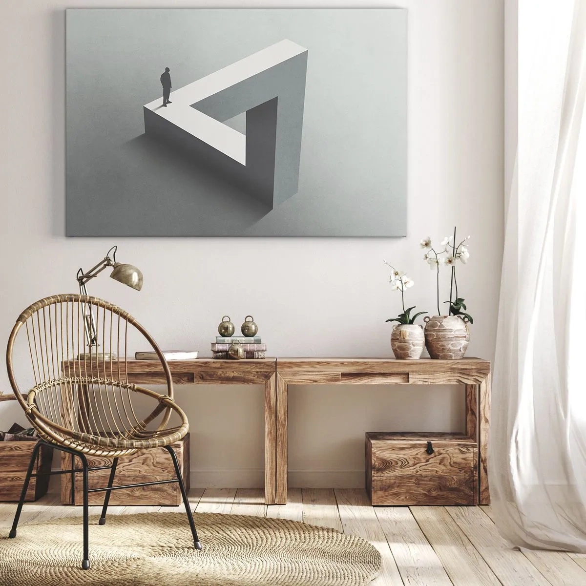 Quadro em tela - Uma figura em pé sobre um triângulo de Penrose em tons de cinza. - 70x50cm - Mas é possível - Decoração de parede moderna para a sala de estar e quarto ARTTOR