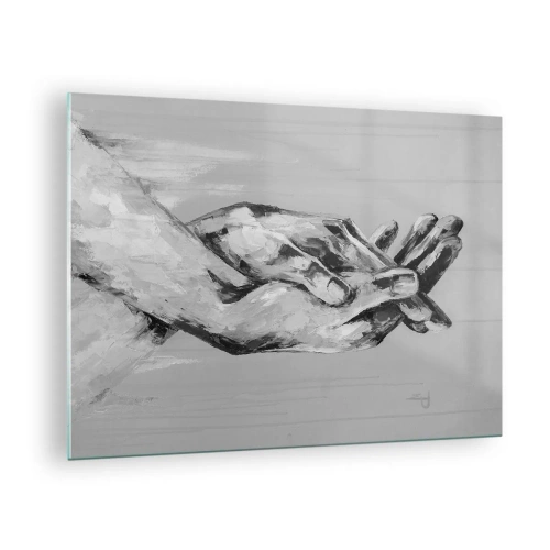 Quadro em vidro - Pintura em preto e branco de duas mãos se estendendo - 70x50cm - Início... - Decoração de parede moderna para a sala de estar e quarto ARTTOR