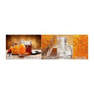 Amostra de papel de parede Premium Canvas - Sabores e aromas ensolarados - Gastronomia, Laranja, Frasco Com Mel - 100x30 cm