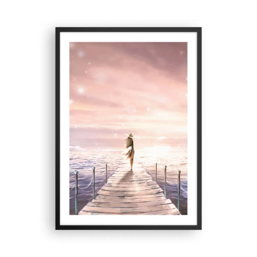 Pôster com moldura preta - Pôr do sol romântico com uma mulher de chapéu - 50x70cm - À luz de um sonho - Decoração de parede moderna para a sala de estar e quarto ARTTOR