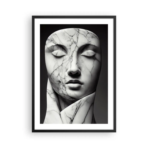 Pôster com moldura preta - Escultura de mármore com rosto e olhos fechados sobre fundo preto - 50x70cm - Formas de mármore - Decoração de parede moderna para a sala de estar e quarto ARTTOR