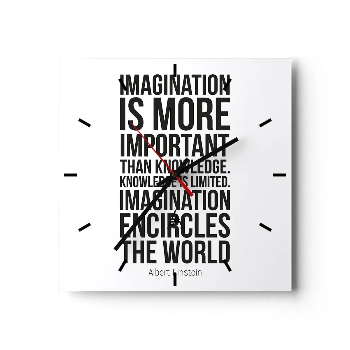 Relógio de parede - Relógio em vidro - Einstein sobre o poder da imaginação - 30x30 cm