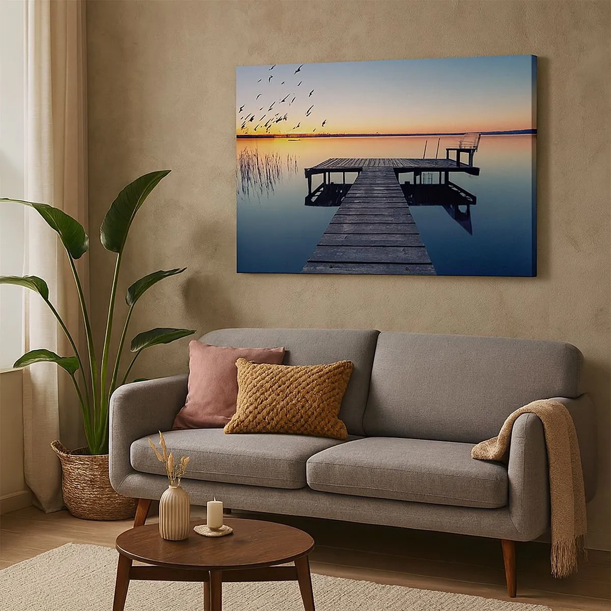 Quadro em tela - Píer de madeira em um lago ao nascer do sol com pássaros - 70x50cm - Foi um bom dia - Decoração de parede moderna para a sala de estar e quarto ARTTOR