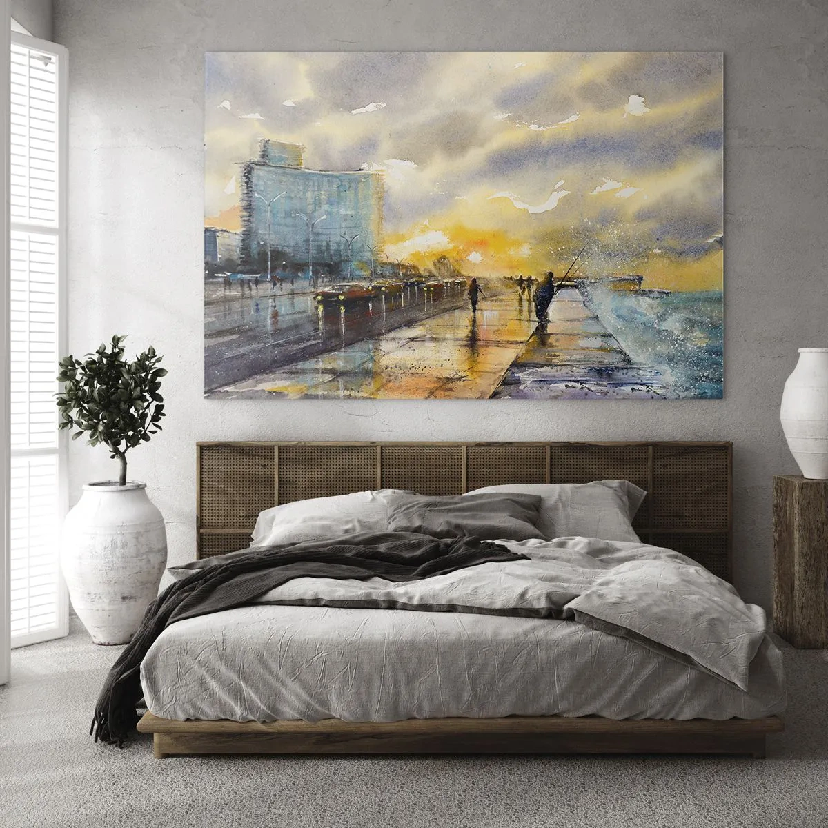 Quadro em vidro - Cidade litorânea em aquarela com pôr do sol - 70x50cm - A vida na costa - Decoração de parede moderna para a sala de estar e quarto ARTTOR