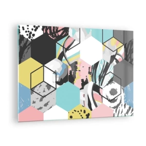 Quadro em vidro - Cubos e hexágonos coloridos em uma composição moderna - 70x50cm - Hexágonos e cubos em seis cores - Decoração de parede moderna para a sala de estar e quarto ARTTOR
