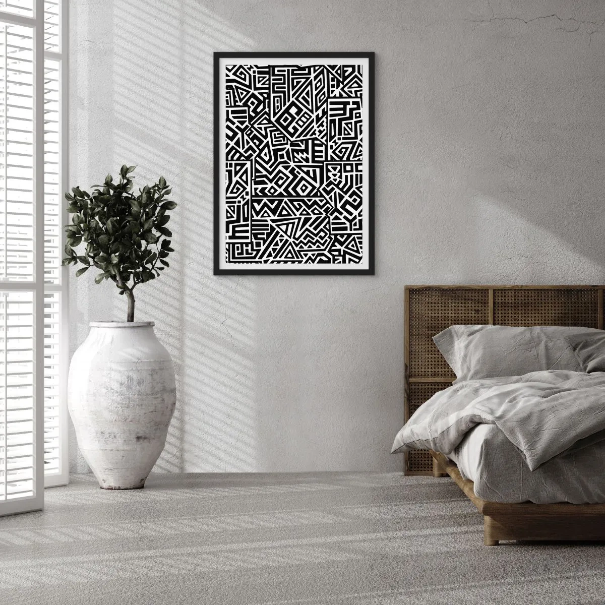 Pôster com moldura preta - Padrão geométrico preto e branco em estilo artístico - 50x70cm - Composição pré-colombiana - Decoração de parede moderna para a sala de estar e quarto ARTTOR