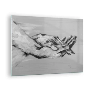 Quadro em vidro - Pintura em preto e branco de duas mãos se estendendo - 70x50cm - Início... - Decoração de parede moderna para a sala de estar e quarto ARTTOR